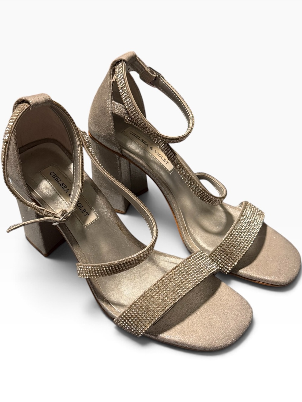 Chelsea & Violet Rhinestone Strappy Block Heel Sandals Silver Size 8